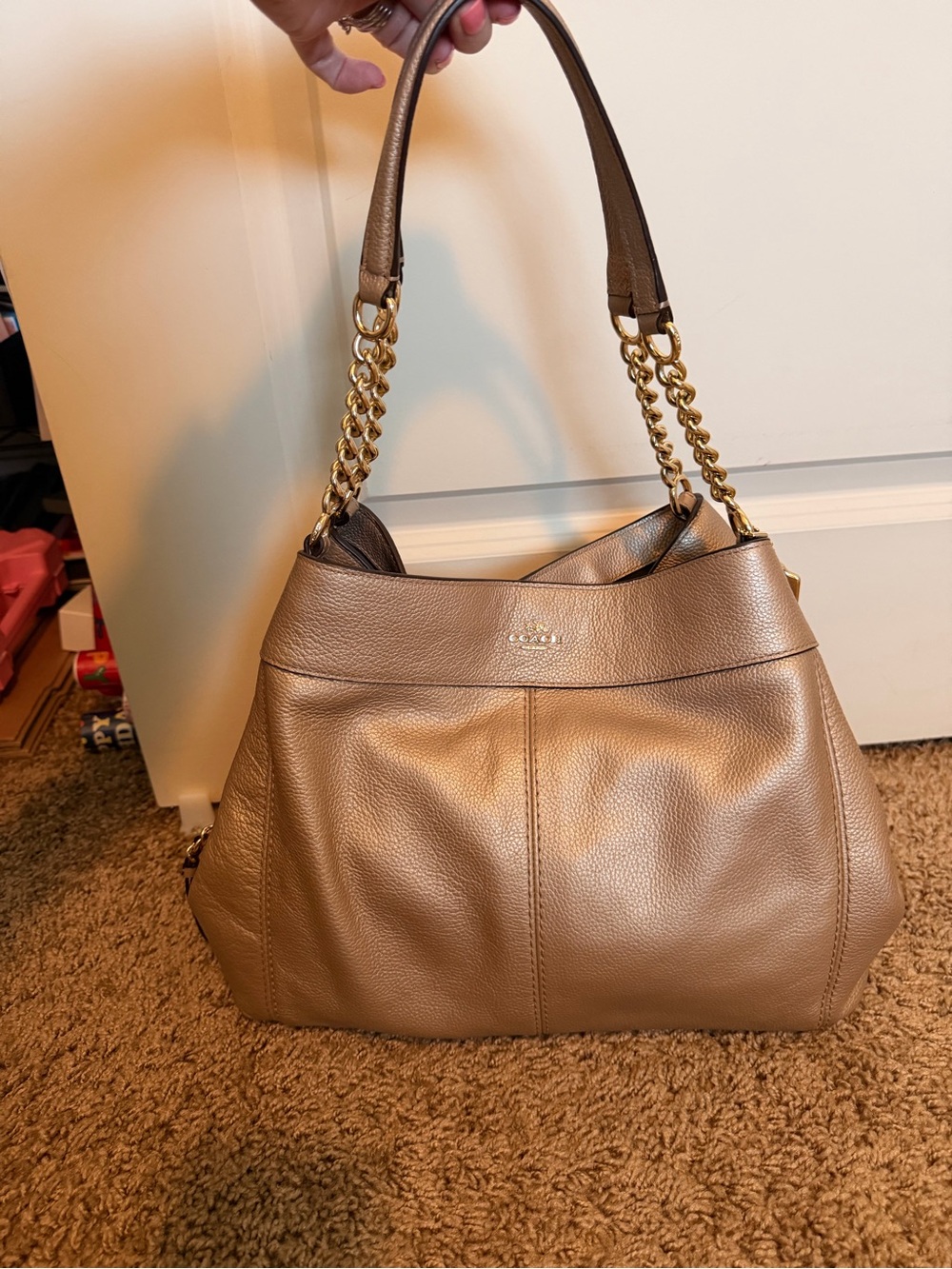 Coach Pebbled Leather Shoulder Bag in Taupe with Gold Chain Straps